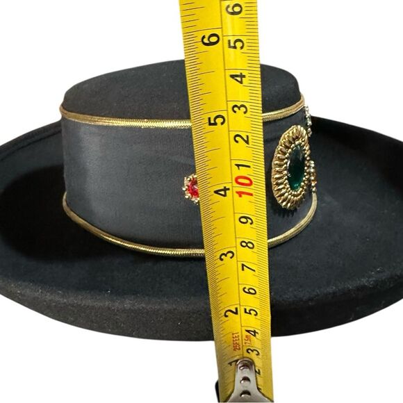 Vintage Sonni San Francisco Black Wool Felt Wide Brim Hat Jeweled Band SZ 7, S/M